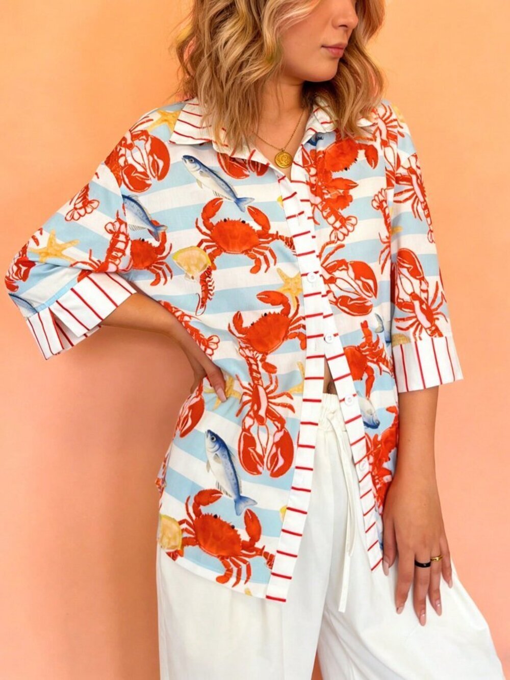 Boho Women's Turndown Collar button down Crab & Lobster Print Casual Shirt - Picture 4 of 6